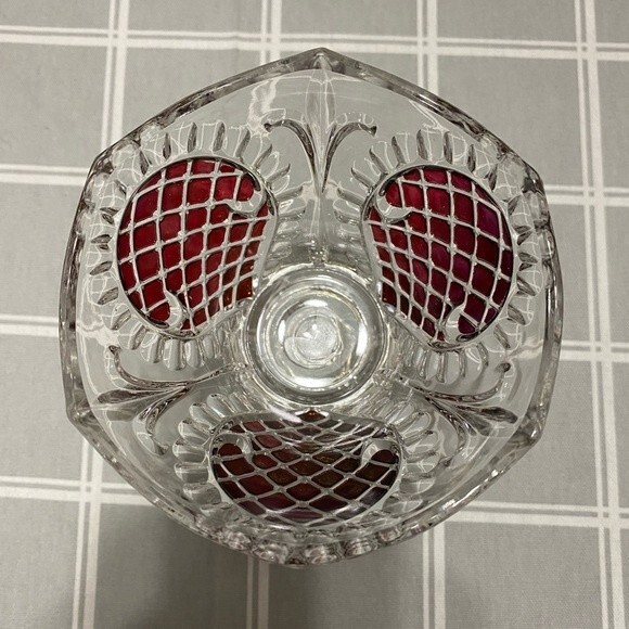 Vtg Ruby Red Glass Pedestal Bowl Diamond Point Teardrop 3 Sided Dish Unique - Picture 4 of 8